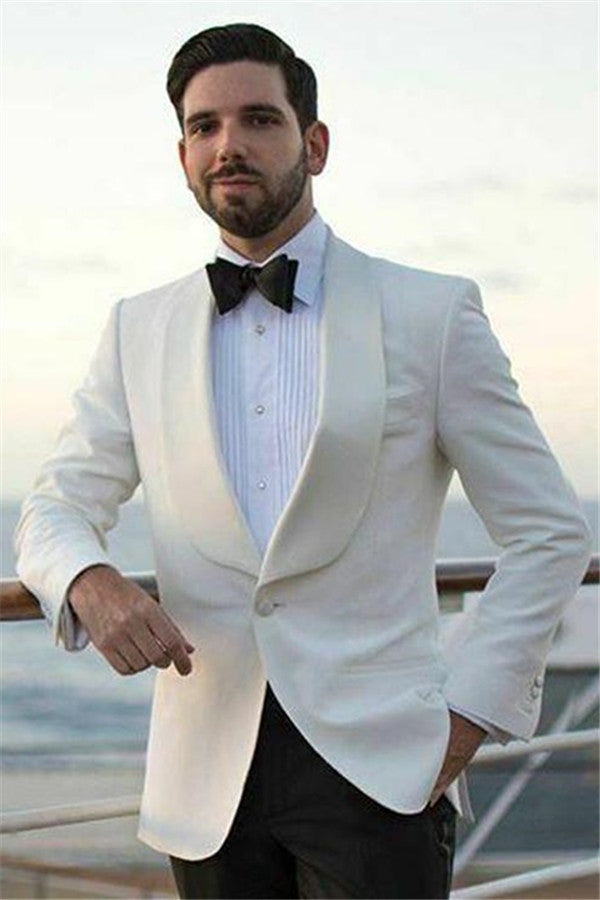 Chic White Shawl Lapel Fit Men's Wedding Suit With One Button-Wedding Suits-BallBride