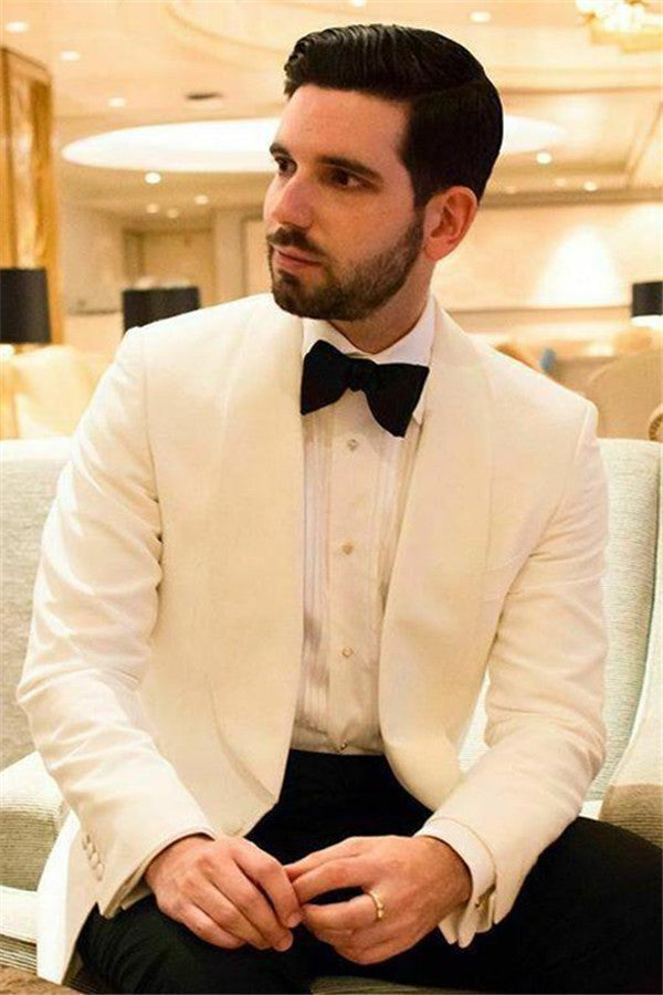 Chic White Shawl Lapel Fit Men's Wedding Suit With One Button-Wedding Suits-BallBride