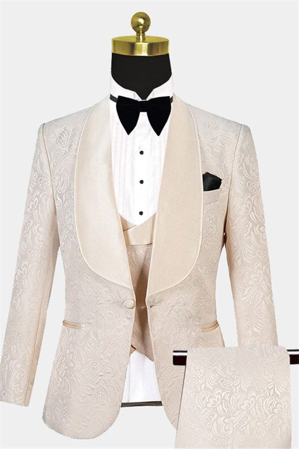 Chic White Three Pieces Jacquare Shawl Lapel Wedding Suit-Wedding Suits-BallBride