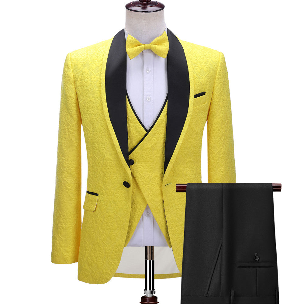 Chic Yellow One Button Three-Piece Wedding Suit For Men with Black Shawl Lapel-Wedding Suits-BallBride