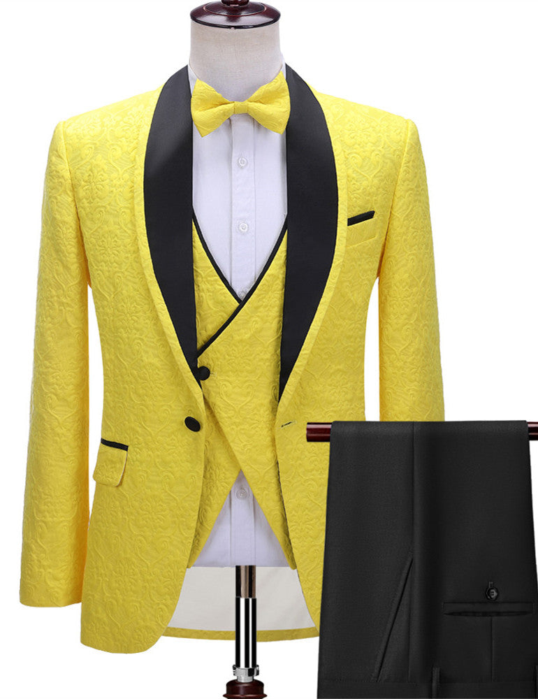 Chic Yellow One Button Three-Piece Wedding Suit For Men with Black Shawl Lapel-Wedding Suits-BallBride