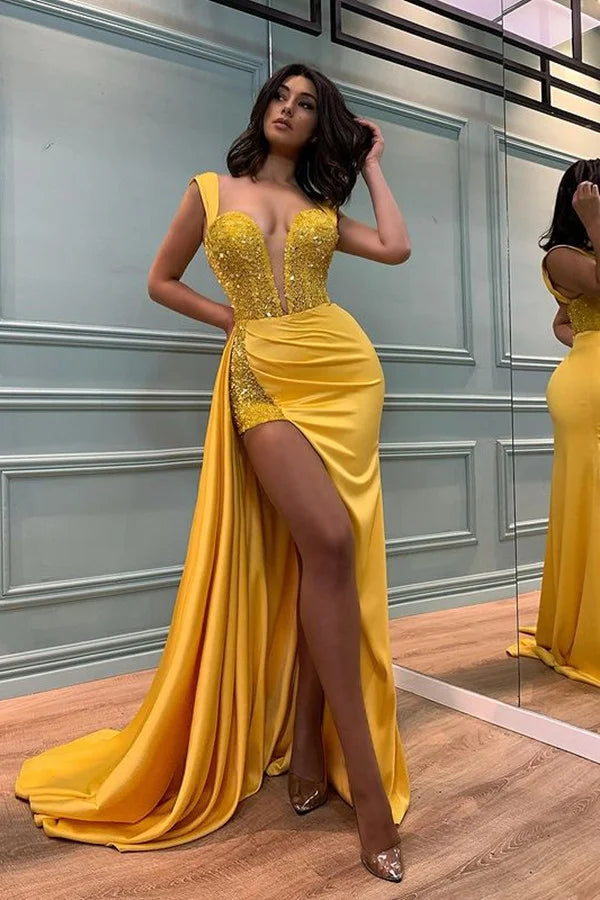 Chic Yellow Straps Mermaid Evening Dress SPlit WIth Sequins Appliques-BallBride