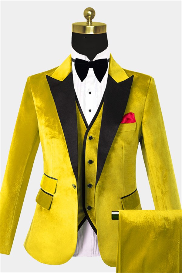 Chic Yellow Velvet Three Piece Slim Fit Tuxedo for Men-Wedding Suits-BallBride