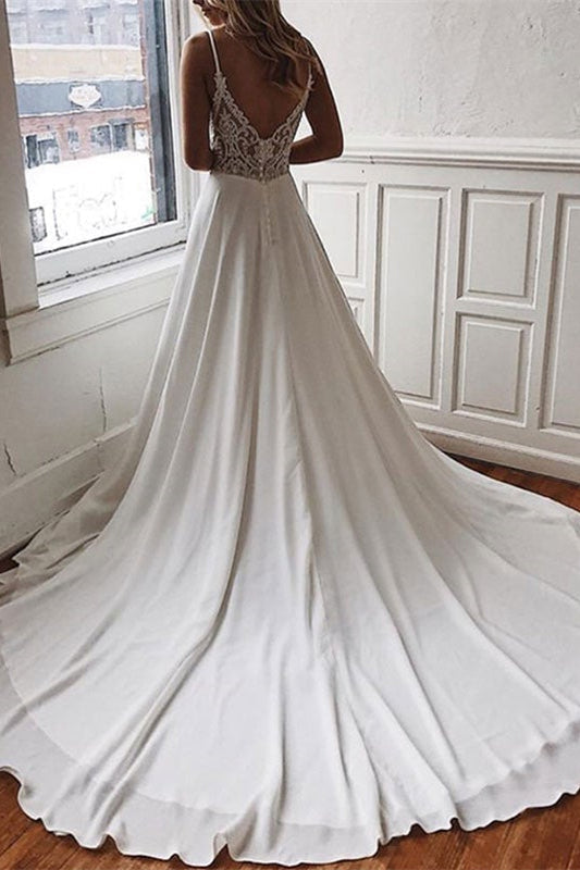 Chiffon Lace Wedding Dress with Spaghetti-Straps-Wedding Dresses-BallBride