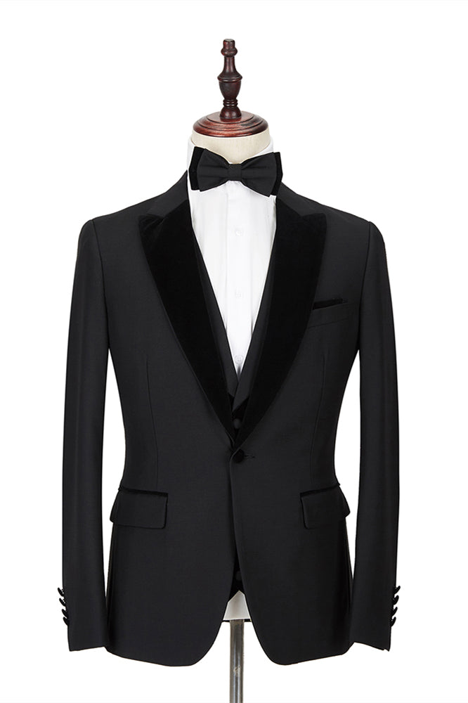 Classic Black 2 Piece Velvet Peak Lapel Wedding Suit For Men-Wedding Suits-BallBride