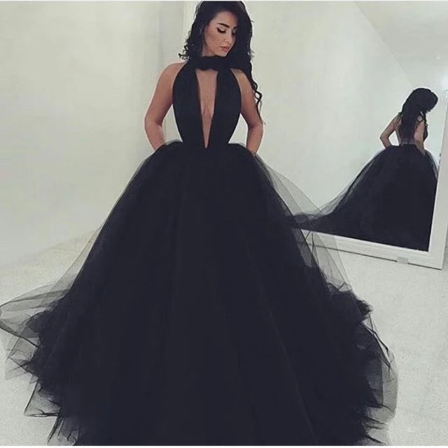 Classic Black High Neck Long Evening Dress Tulle Ball Gown Party Dress Backless-BallBride