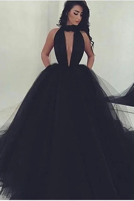 Classic Black High Neck Long Evening Dress Tulle Ball Gown Party Dress Backless-BallBride