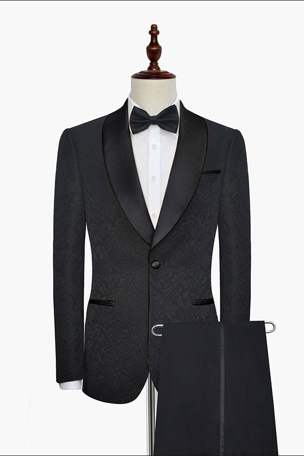 Classic Black Jacquard Tuxedo for Men | Shawl Lapel Silk One Button Wedding Suits-Wedding Suits-BallBride