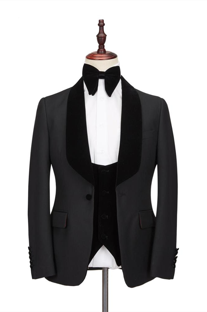 Classic Black One Button Tailcoat with Stitched Velvet Shawl Lapel for Men's Formal Wedding Suits Online-Wedding Suits-BallBride