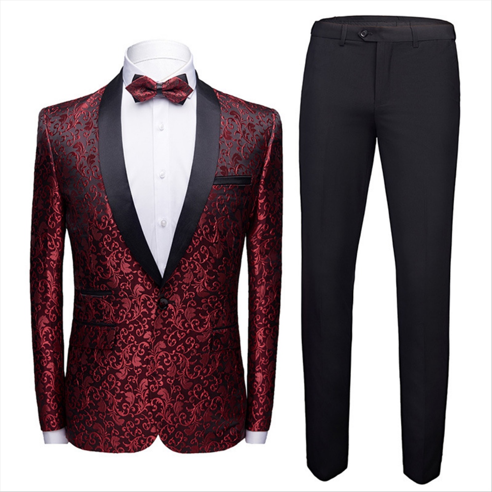 Classic Burgundy Jacquard Shawl Lapel Wedding Tuxedos with Black Satin-Wedding Suits-BallBride