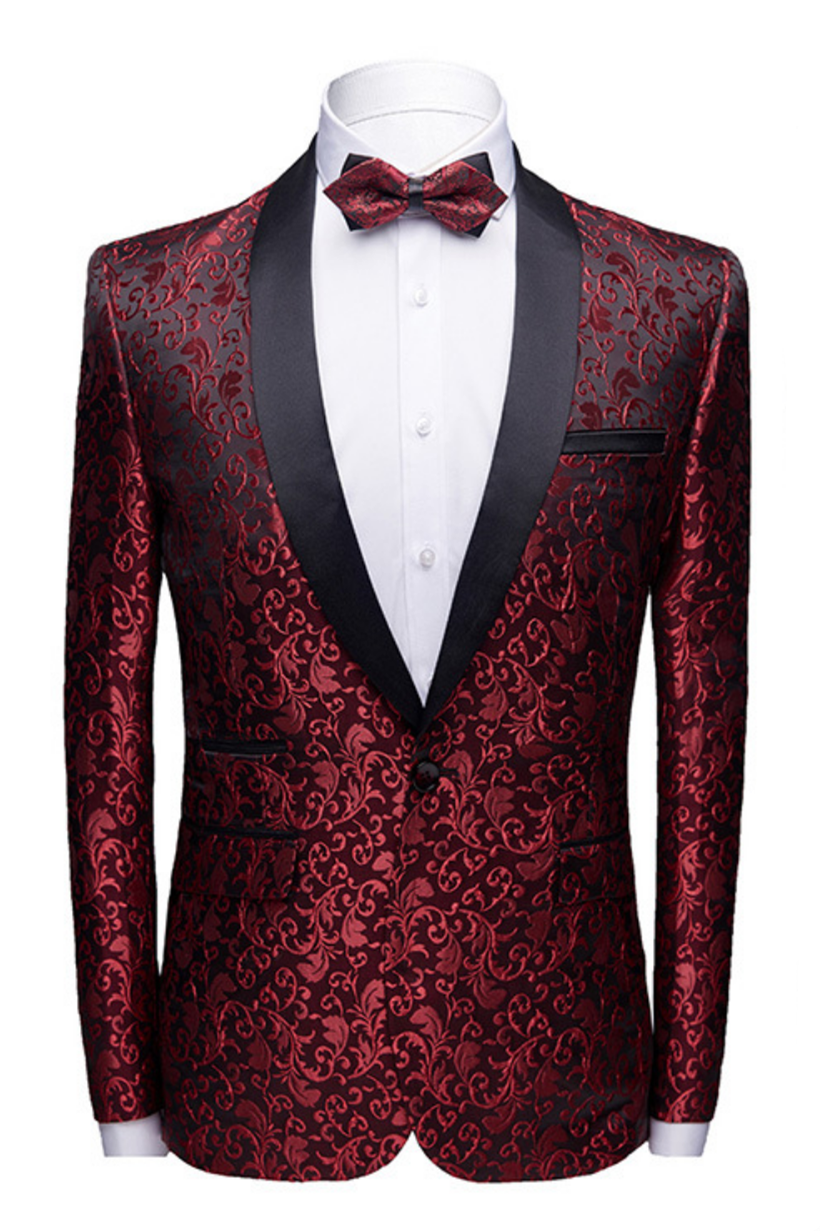 Classic Burgundy Jacquard Shawl Lapel Wedding Tuxedos with Black Satin-Wedding Suits-BallBride