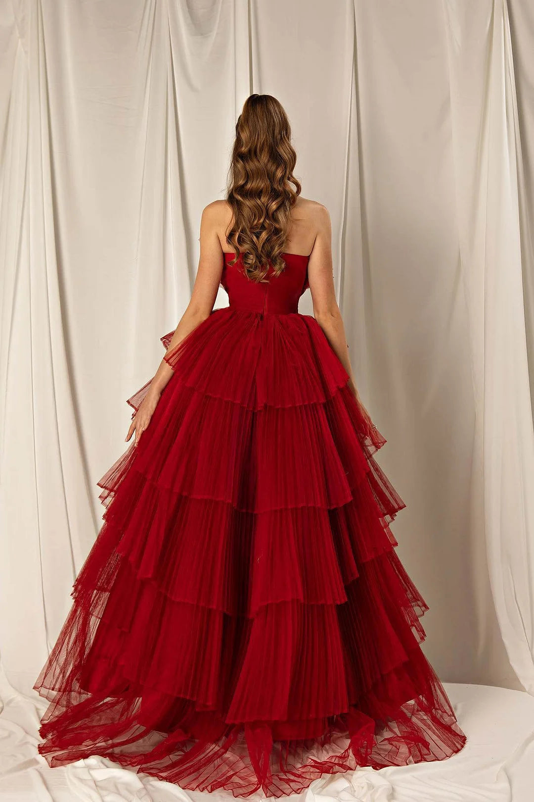 Classic Burgundy Strapless Long Evening Dress Tulle Layered Online-BallBride