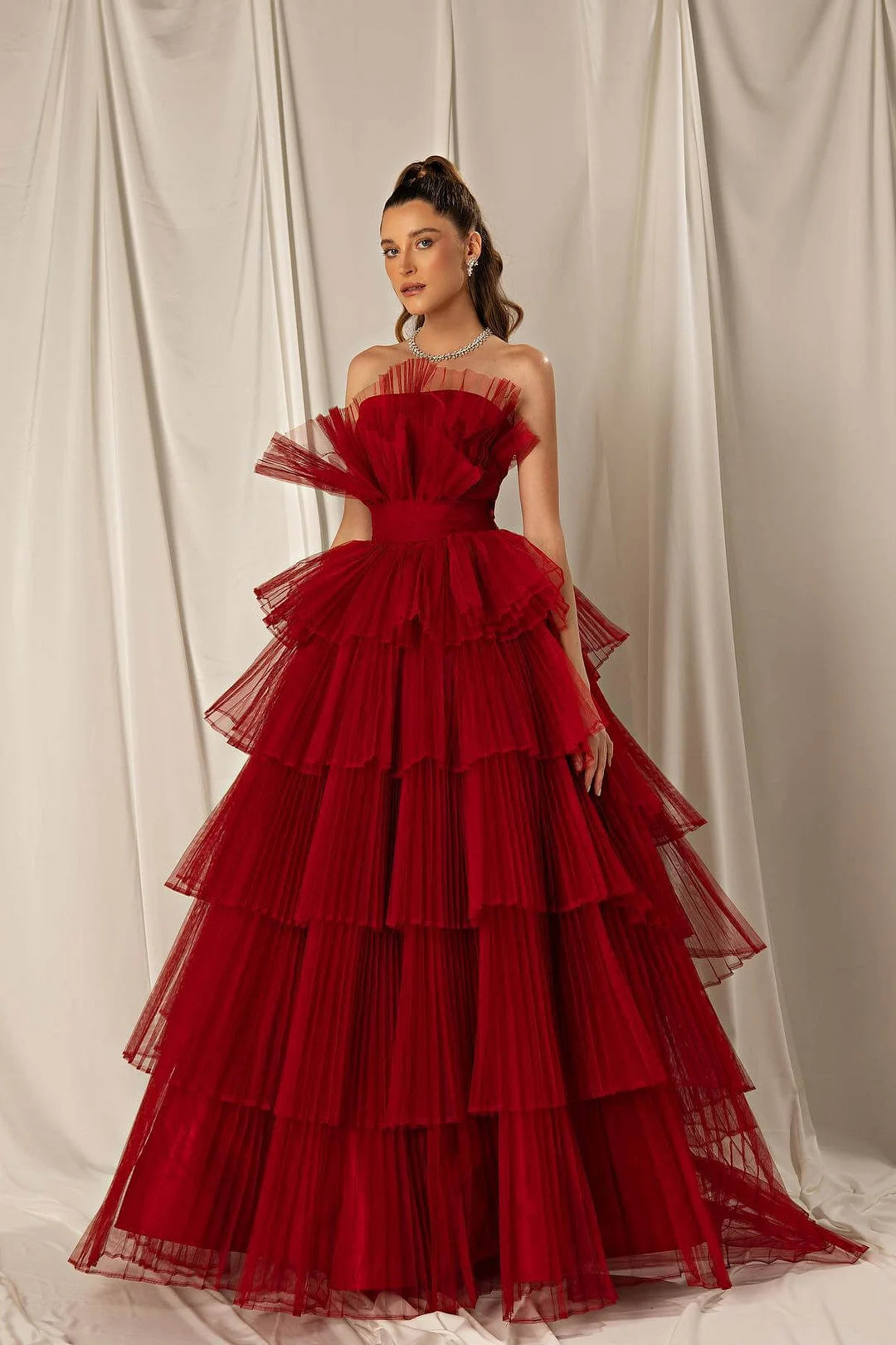 Classic Burgundy Strapless Long Evening Dress Tulle Layered Online-BallBride