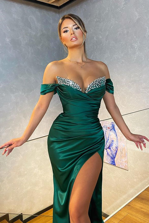 Classic Dark Green Mermaid Prom Dress with Beadings and Split-Occasion Dress-BallBride