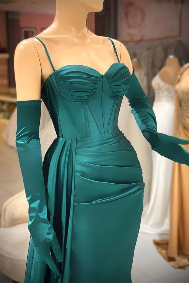 Classic Dark Green Spaghetti-Straps Mermaid Evening Party Gowns With Ruffles-BallBride