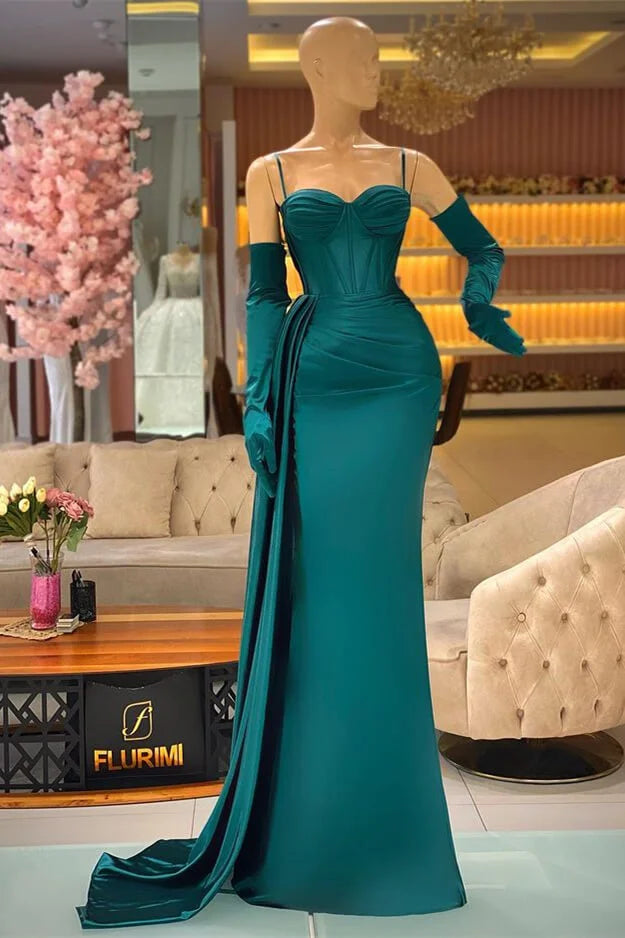 Classic Dark Green Spaghetti-Straps Mermaid Evening Party Gowns With Ruffles-BallBride