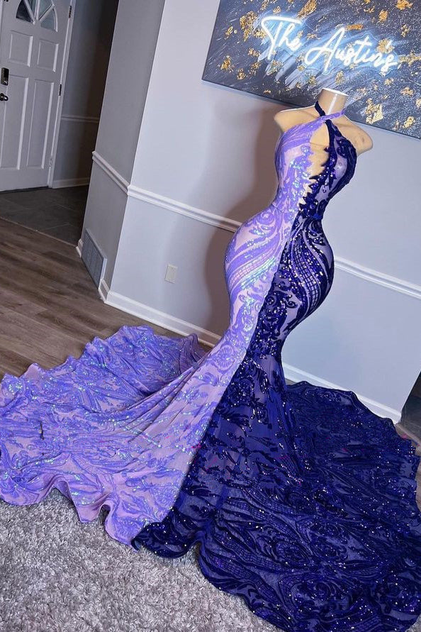 Classic Halter Sequins Prom Dress Mermaid Sleeveless Mix Colors-Occasion Dress-BallBride
