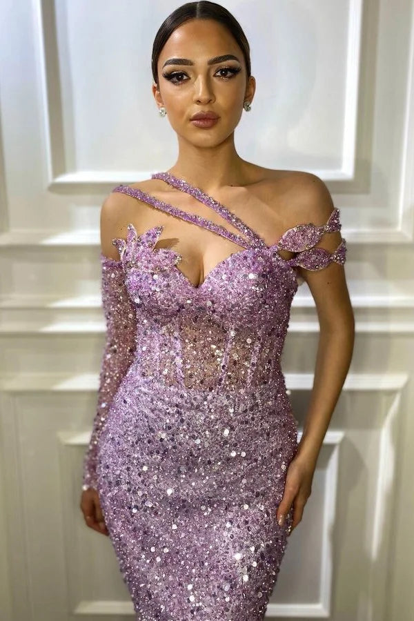Classic Lilac Long Sleeves Sequins Evening Dress Mermaid Holiday Dress-BallBride