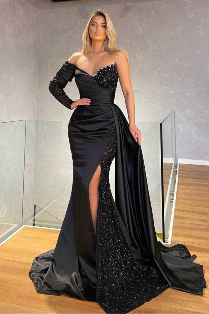 Classic Long Sleeves Black Sweetheart Mermaid Prom Dress With Sequins-Occasion Dress-BallBride