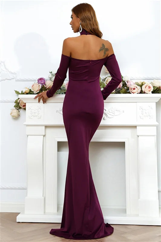 Classic Long Sleeves Purple Mermaid Evening Dress Off-the-Shoulder-BallBride