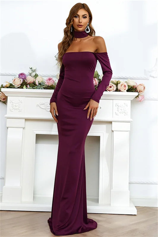 Classic Long Sleeves Purple Mermaid Evening Dress Off-the-Shoulder-BallBride