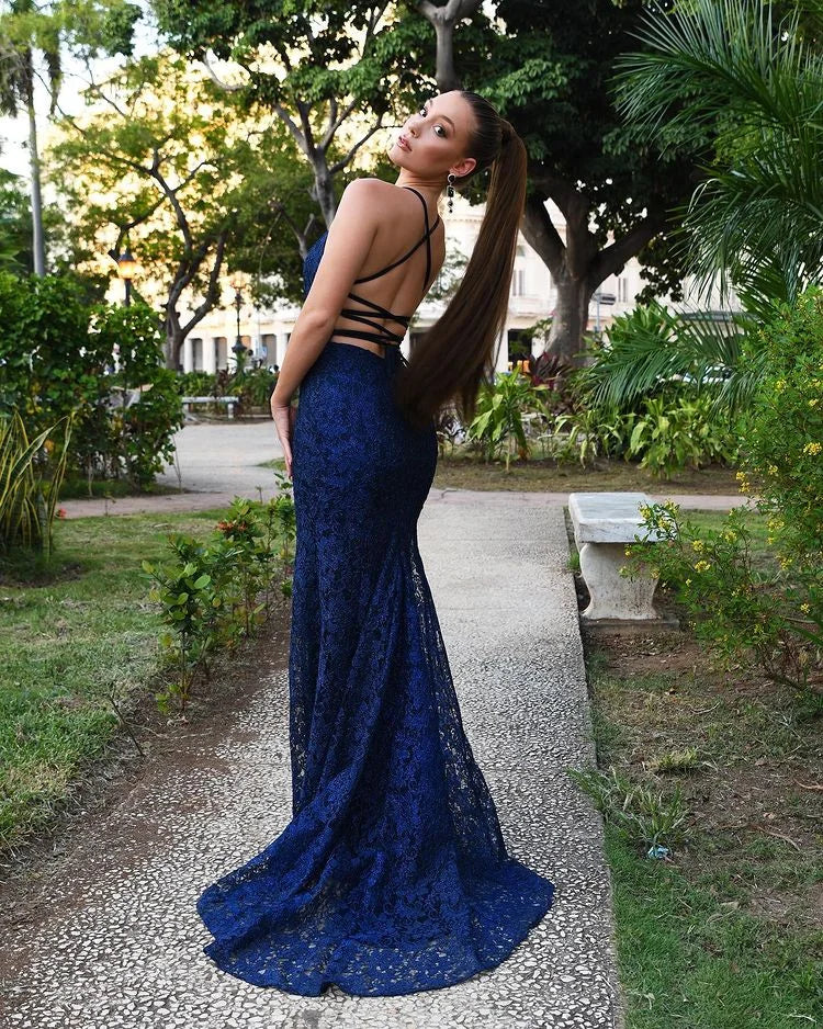 Classic Navy Blue Lace Mermaid Evening Dress String Back-BallBride