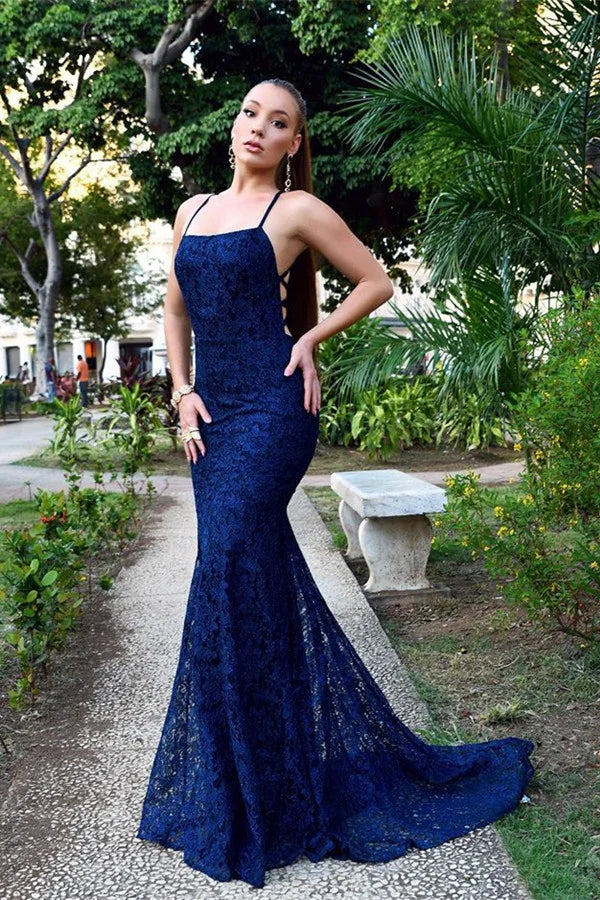 Classic Navy Blue Lace Mermaid Evening Dress String Back-BallBride