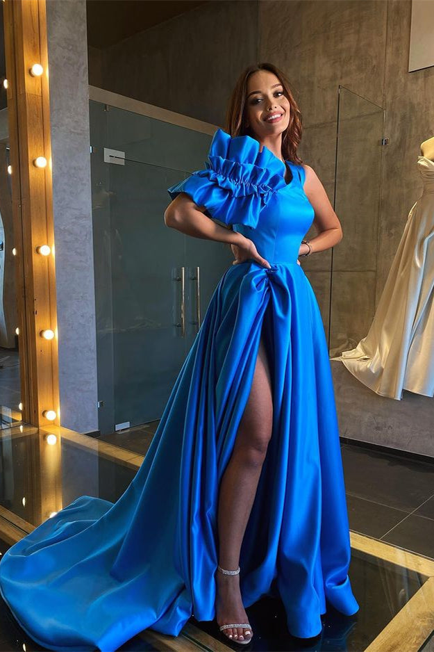 Classic Ocean Blue Off-the-Shoulder Long Prom Dress with Split-Occasion Dress-BallBride