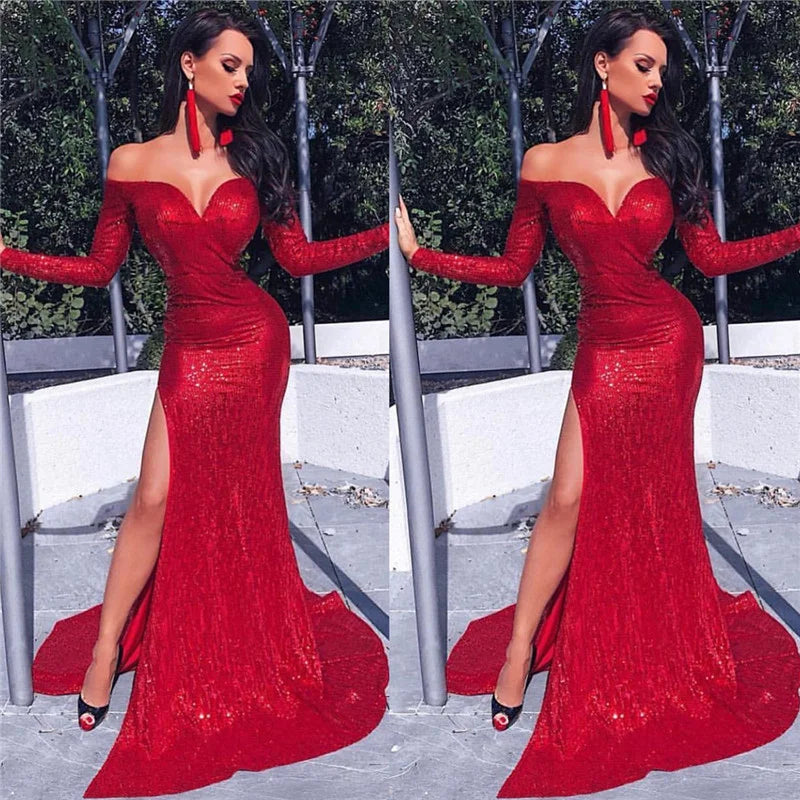 Classic Off-the-Shoulder Long Sleeve Red Evening Dress Mermaid With Slit-BallBride