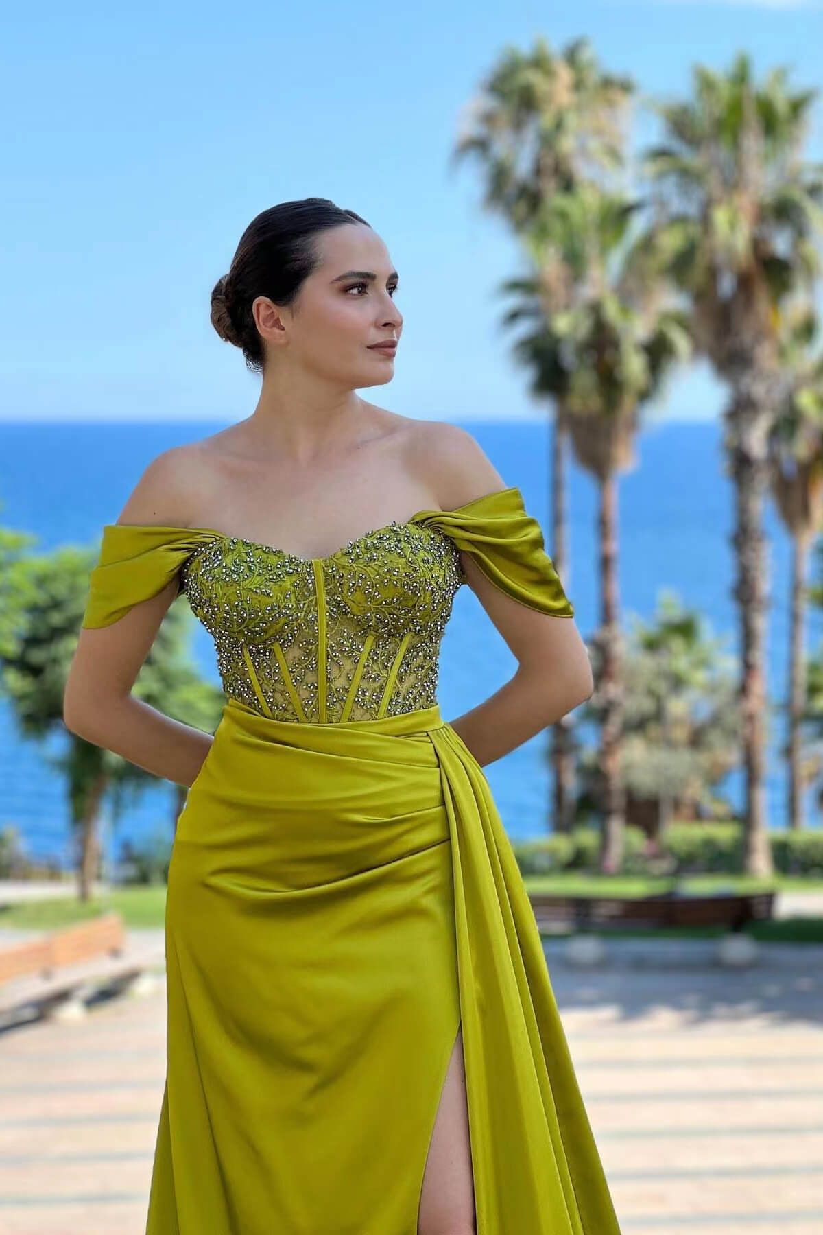 Classic Olive Green Off-the-Shoulder Evening Gown With Slit and Beads-Occasion Dress-BallBride