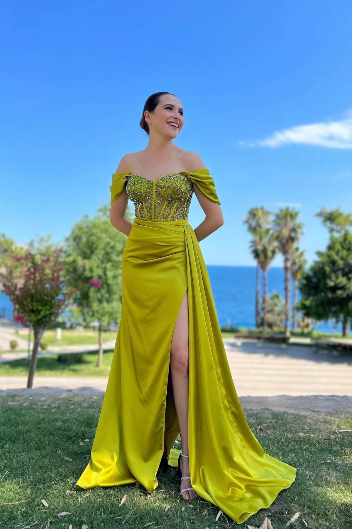 Classic Olive Green Off-the-Shoulder Evening Gown With Slit and Beads-Occasion Dress-BallBride