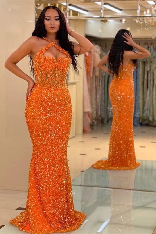 Classic Orange Halter Sleeveless Sequins Evening Dress Long Mermaid-BallBride