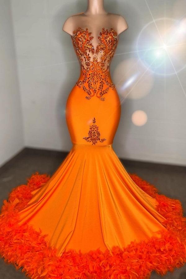 Classic Orange Prom Dress with Beads and Feathers-Occasion Dress-BallBride