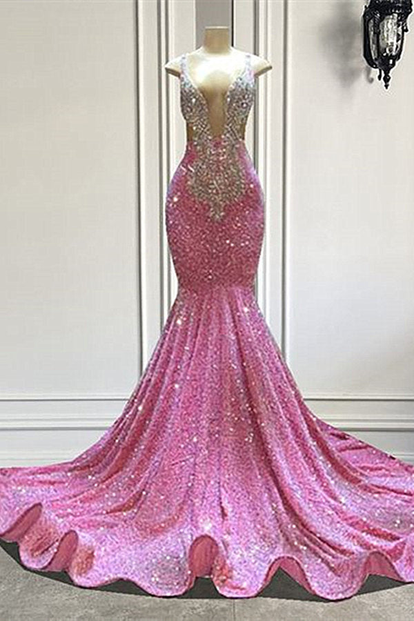 Classic Pink Mermaid Prom Dress with Sequins and Crystals-Occasion Dress-BallBride