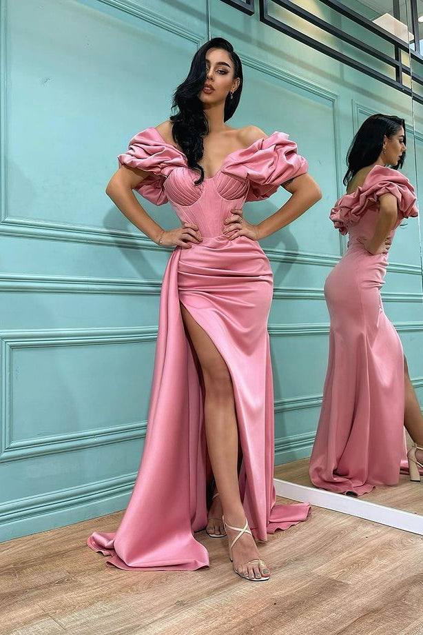 Classic Pink Off-the-Shoulder Split Prom Dress Long Mermaid-Occasion Dress-BallBride