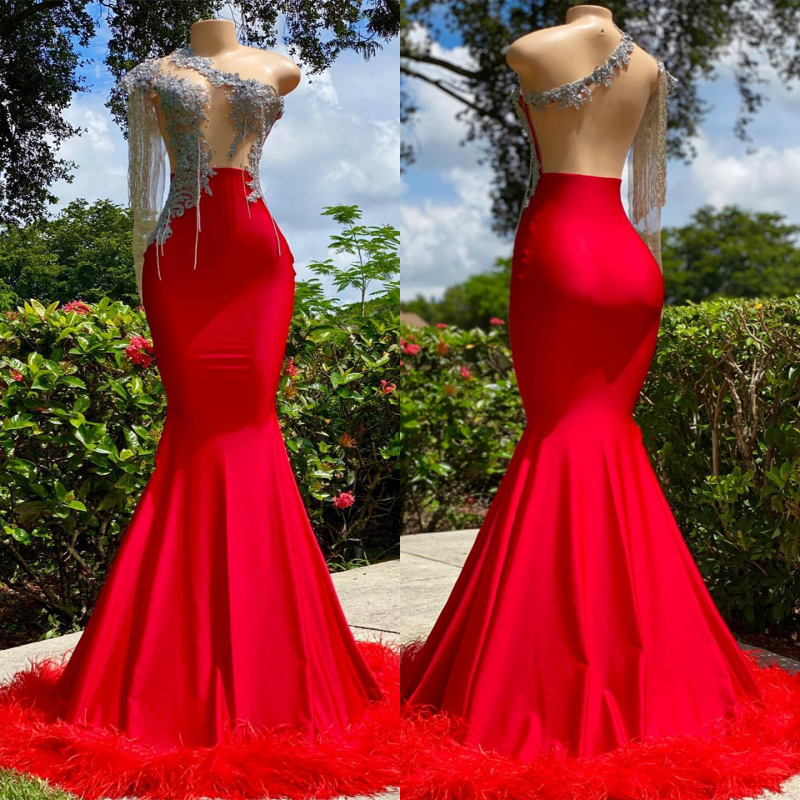 Classic Red Long Sleeves Prom Dress with Feather Appliques-Occasion Dress-BallBride