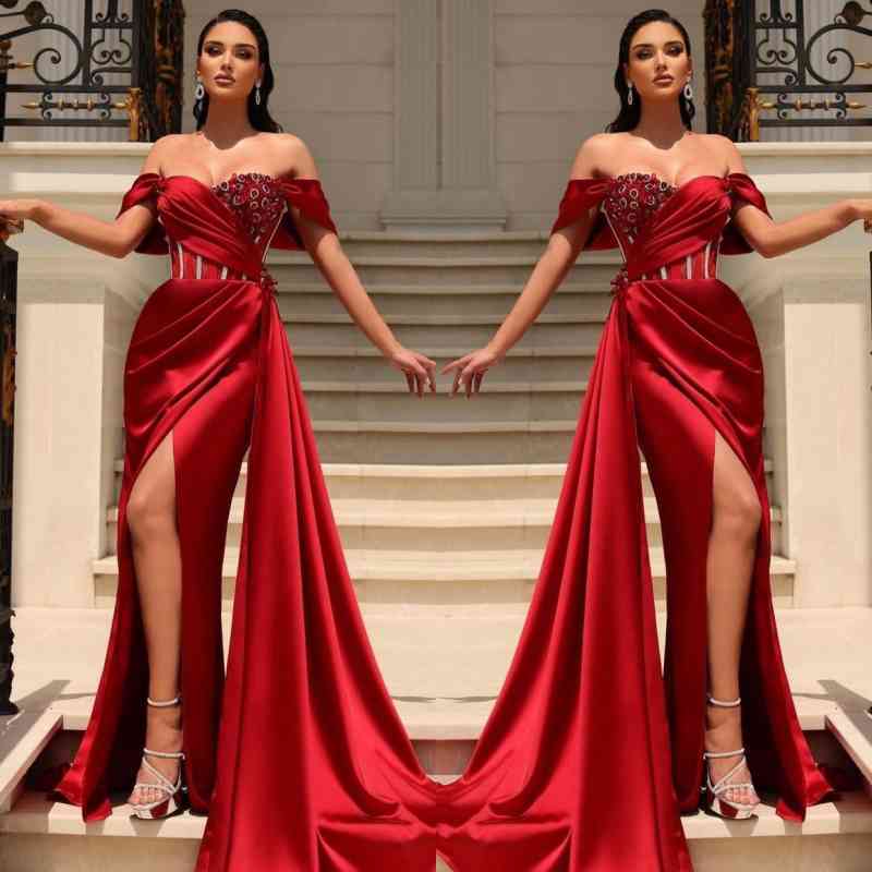 Classic Red Off-the-Shoulder Slit Prom Dress Long with Ruffle Beads-Occasion Dress-BallBride