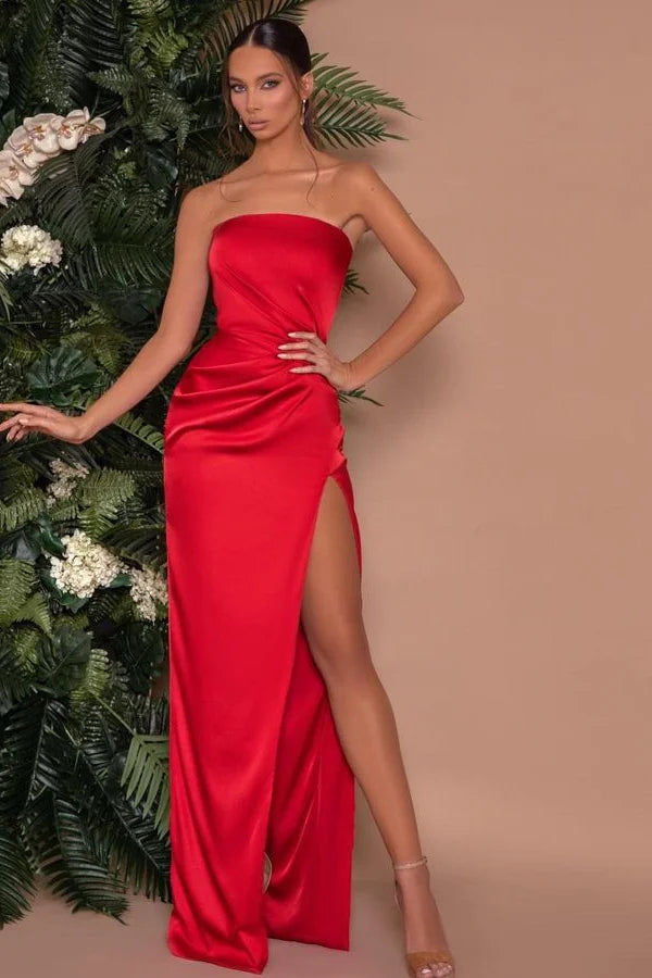 Classic Red Strapless Evening Dress Mermaid Long Split-BallBride