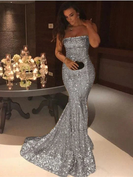 Classic Sequined Strapless Mermaid Evening Dress Long Online-BallBride