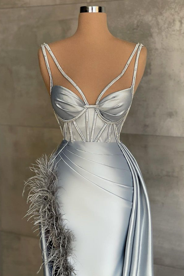 Classic Silver Grey Sleeveless Mermaid Prom Dress with Feathers-Occasion Dress-BallBride
