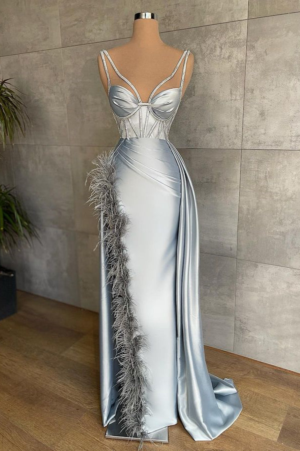 Classic Silver Grey Sleeveless Mermaid Prom Dress with Feathers-Occasion Dress-BallBride