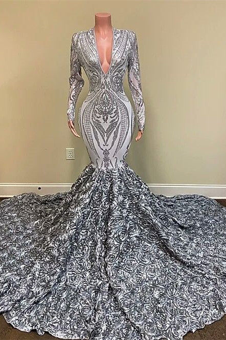 Classic Silver Sequins Long Sleeves Prom Dress Mermaid With Flowers Bottom-Occasion Dress-BallBride
