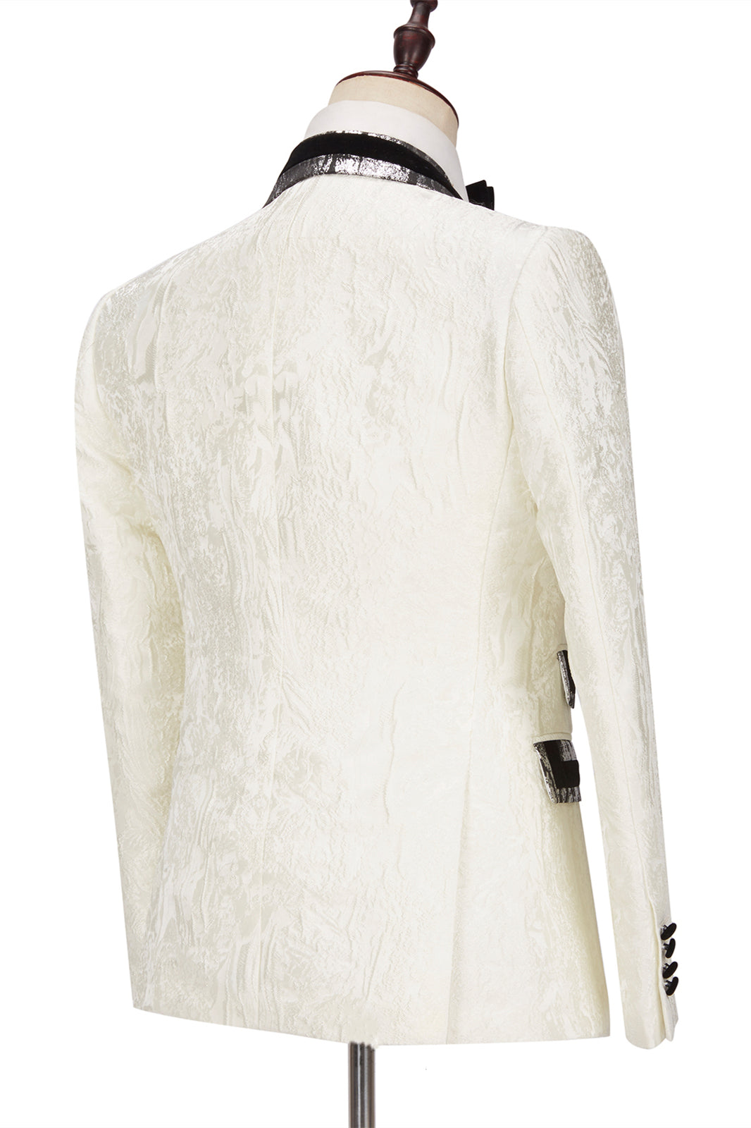Classic White Jacquard Silver Gray Lapel Flaps Men's Suit with Black Banding Edge-Wedding Suits-BallBride