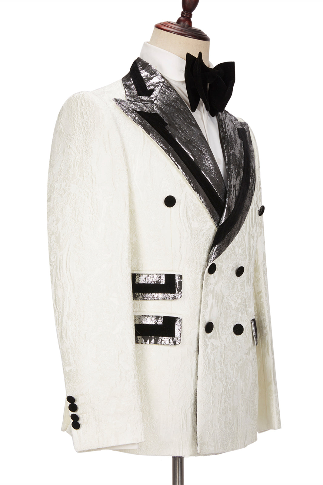 Classic White Jacquard Silver Gray Lapel Flaps Men's Suit with Black Banding Edge-Wedding Suits-BallBride