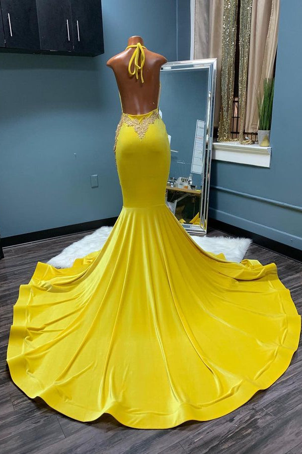 Classic Yellow Halter Mermaid Prom Dress with Appliques-BallBride