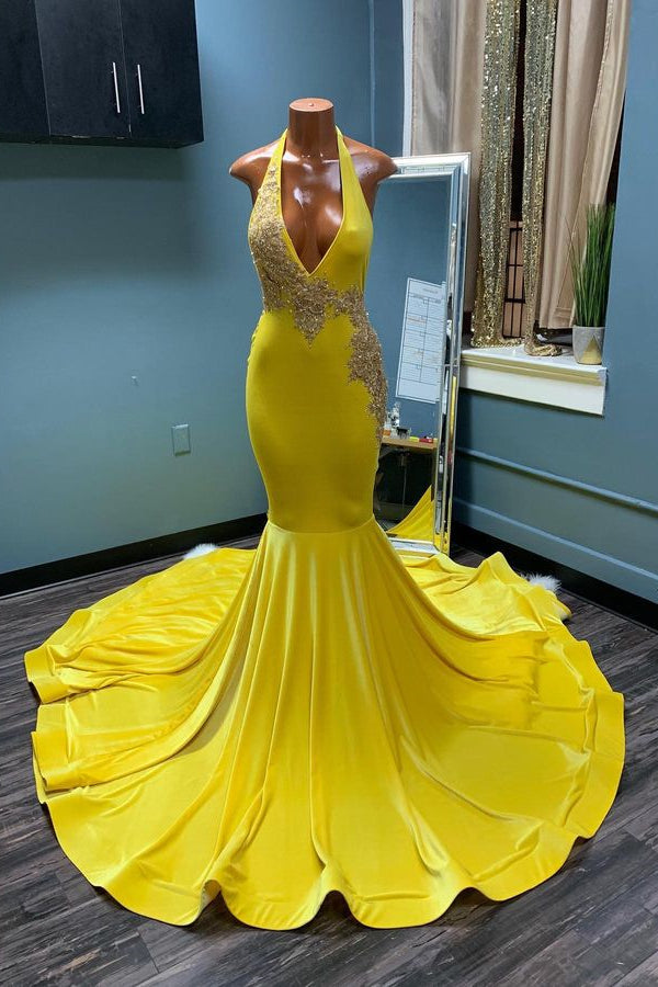 Classic Yellow Halter Mermaid Prom Dress with Appliques-BallBride