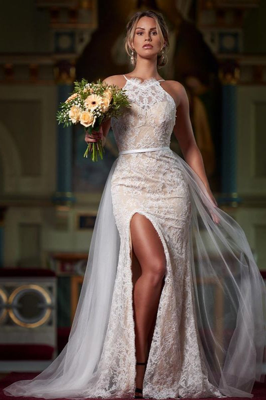 ClassicHalter Lace Mermaid Wedding Dress with Slit Ruffles-Wedding Dresses-BallBride