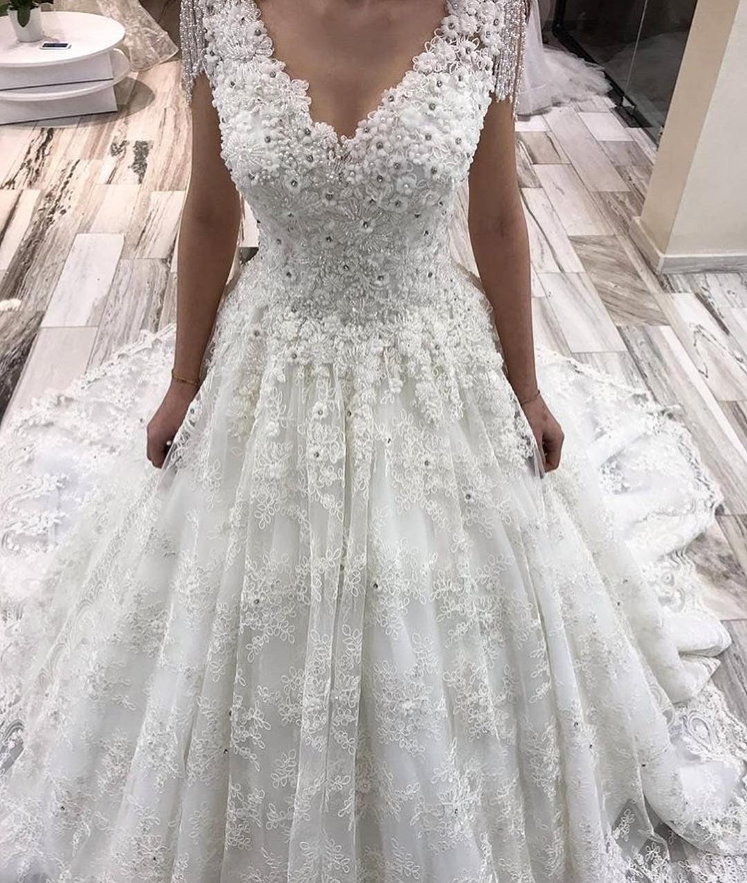 Classy A-Line Deep V-neck Crystal Floor-length Wedding Dress with Appliques Lace-Wedding Dresses-BallBride