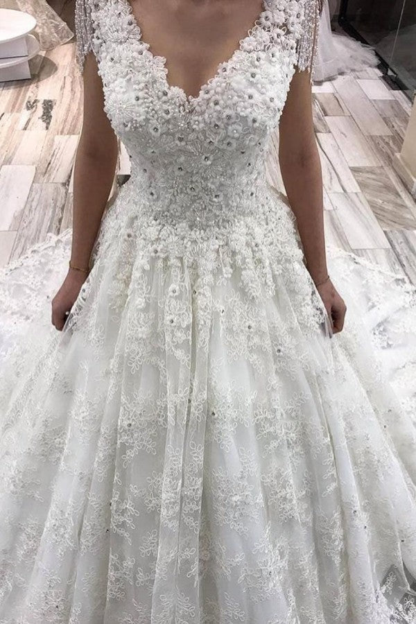 Classy A-Line Deep V-neck Crystal Floor-length Wedding Dress with Appliques Lace-Wedding Dresses-BallBride