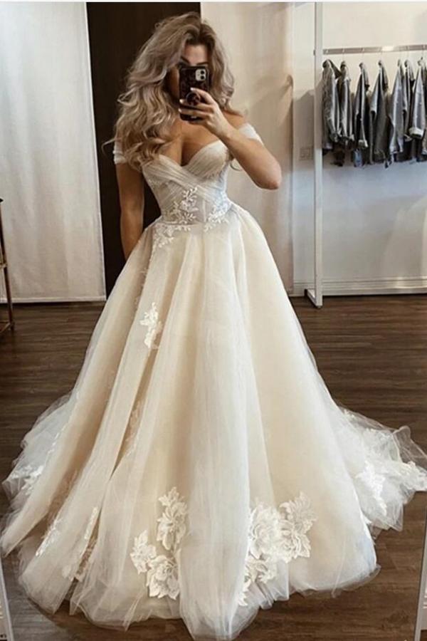 Classy A-line Off-the-shoulder Wedding Dress with Tulle Lace-Wedding Dresses-BallBride